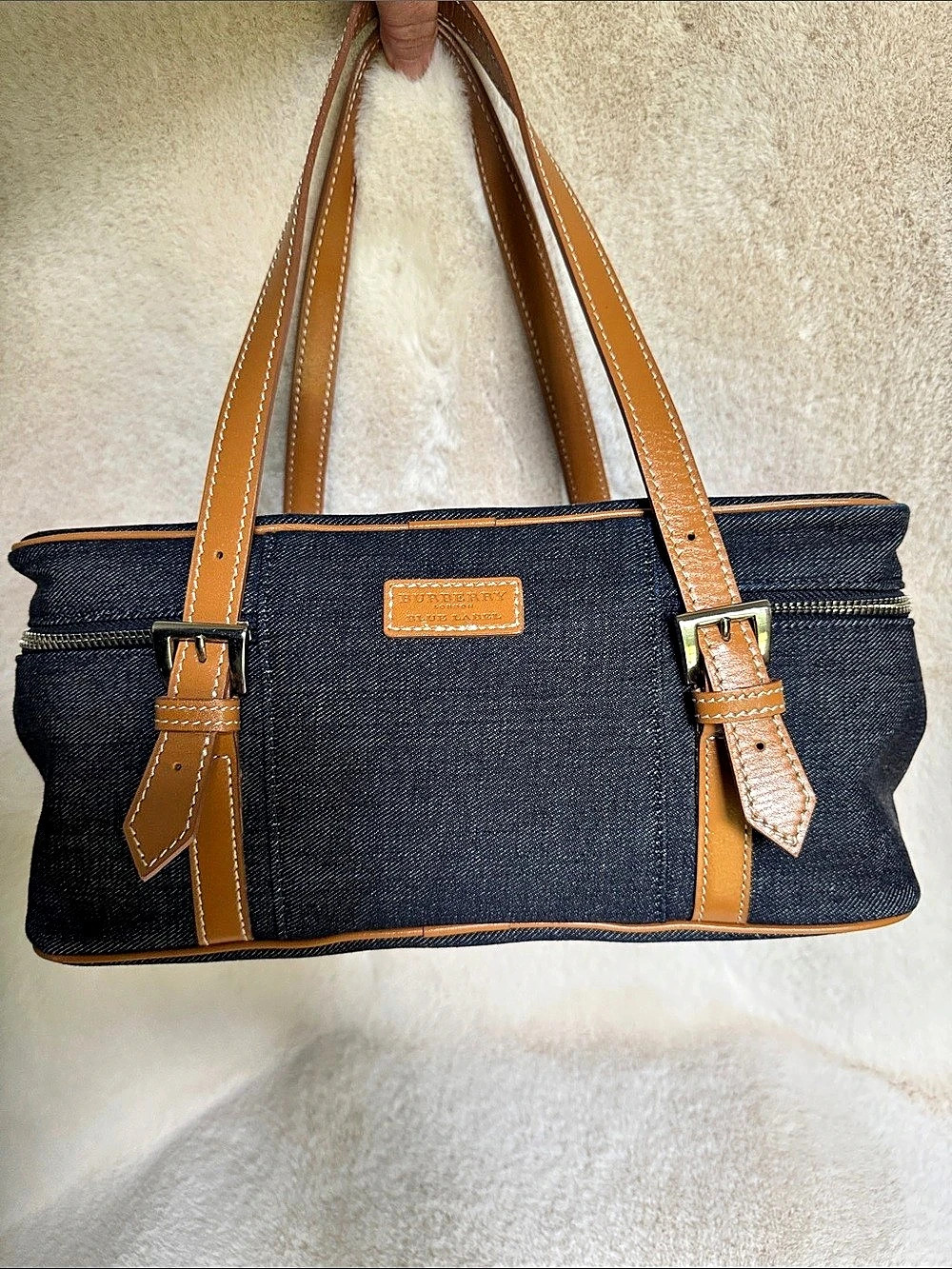 Burberry Blue Label Denim & Plaid Interior Indigo Blue & Brown Leather